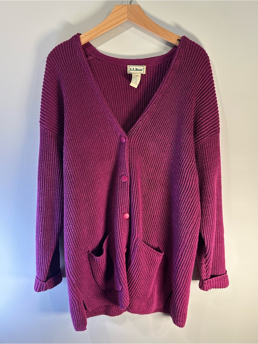 L.L.Bean Linen Cotton Ribbed Cardigan plum Purple Button Front Sweater Large